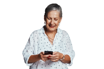 Mature woman, blog and phone for communication or conversation, mobile app and reading a message. Senior female person, online and website for info, happy and isolated on transparent png background