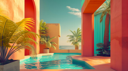 3D architecture design with geometric shapes and palm tree - obrazy, fototapety, plakaty