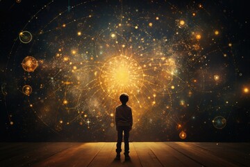 Child imagining universe space in front of blackboard, rear view of child studying in front of...