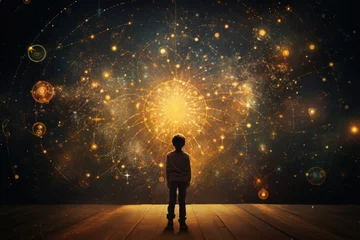  Child imagining universe space in front of blackboard, rear view of child studying in front of backboard, rear view of child drawing on blackboard © mantang