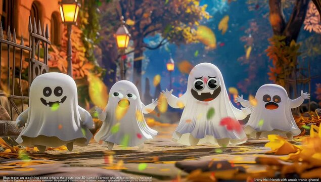 Four comically floating ghosts with pale faces,  With playful antics and a penchant for pulling harmless pranks, Seamless looping time-lapse animation video background  Generated AI