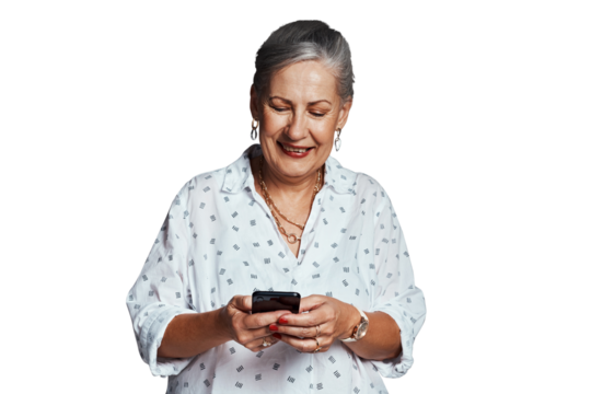 Mature woman, blog and phone for communication or conversation, mobile app and reading a message. Senior female person, online and website for info, happy and isolated on transparent png background