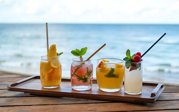 Variety of cocktails on wooden tray on terrace with ocean view