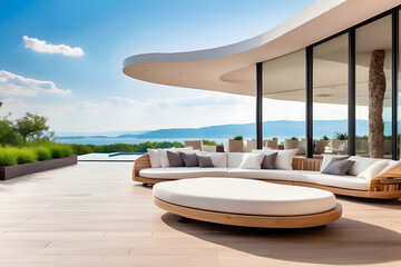 Luxurious outdoor lounges and terraces with panoramic views of nature, elegant modern and contemporary architectural landscape designs, and real estate architecture for vacation getaways and leisure.