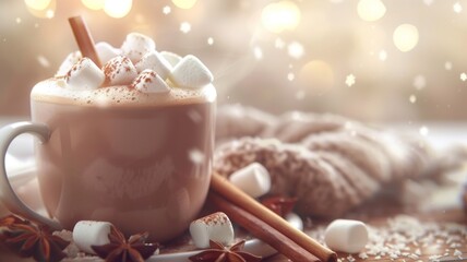 Heavenly Hot Cocoa Delight - A steaming mug of cocoa topped with fluffy marshmallows, accented by cinnamon and star anise, offering a blissful winter treat.