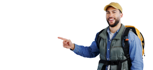 Hiking, portrait or man with hand pointing to travel, news or promo on isolated, transparent or png background. Camping, backpack or male tourist show sign up guide, process or steps for safari tour