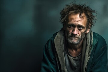 Fototapeta premium Middle-aged homeless man, with a pensive demeanor, symbolizing the emotional toll of life on the streets on a solid muted teal background