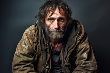 Obraz premium Homeless man, 43 years old, wearing a forlorn look, symbolizing the struggles of those battling homelessness on a solid muted brown background