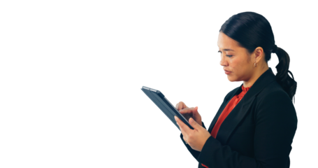 Business woman, typing and online research on tablet on company website and connection on internet. Asian attorney, technology and touchscreen for networking or isolated on transparent png background