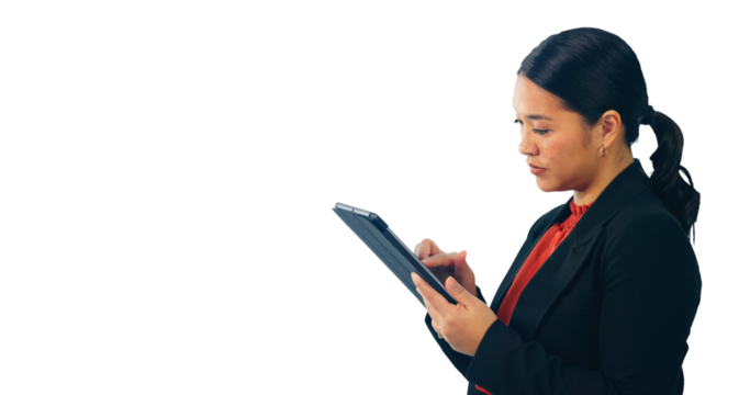 Business woman, typing and online research on tablet on company website and connection on internet. Asian attorney, technology and touchscreen for networking or isolated on transparent png background