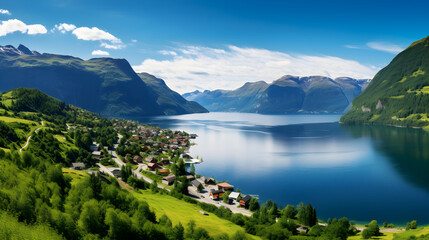 Naklejka na ściany i meble Serene Panoramic View of a Nordic Fjord Amidst Lush Greenery Under a Blue Sky