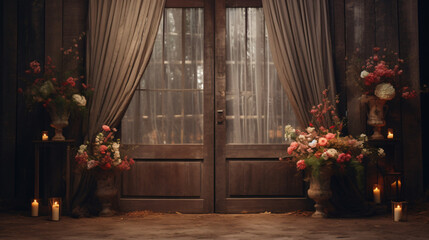 A barn door with two vases of flowers and a candle.