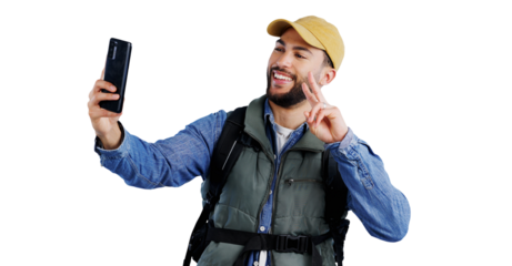 Hiking, selfie and happy man with peace hands for photography on isolated, transparent or png background. Camping, adventure and male explorer with v sign for smartphone profile picture in nature