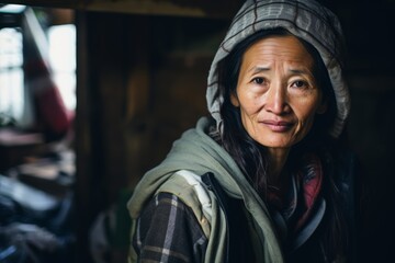 Photo of Smiling homeless woman, 50 years old, Asian, seeking refuge in a community center, where compassion and support create a sense of belonging - obrazy, fototapety, plakaty