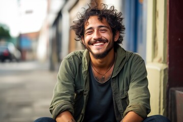 
Photo of Smiling young homeless man, 25 years old, Hispanic, showcasing optimism despite adversity, sitting on a sidewalk with a positive spirit