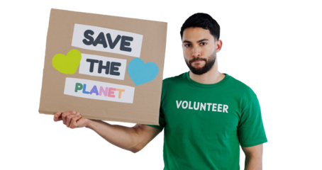 Man, portrait and poster to save the planet, future or eco friendly environment on a transparent PNG background. Young male person or volunteer with banner or sign for earth day, world or economy
