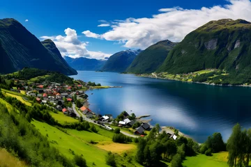 Cercles muraux Europe du nord Serene Panoramic View of a Nordic Fjord Amidst Lush Greenery Under a Blue Sky