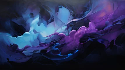 Rolgordijnen A blue and purple abstract painting on a black background. © Natia