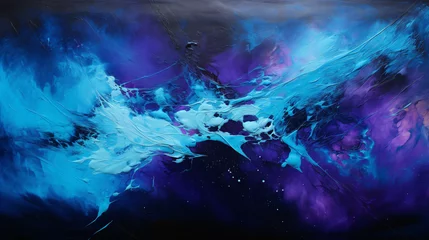 Gordijnen A blue and purple abstract painting on a black background. © Natia