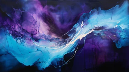 Schilderijen op glas A blue and purple abstract painting on a black background. © Natia