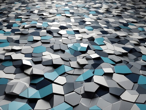 contemporary geometric 3D mosaic graphics low poly template as an abstract backdrop for presentations and copy space banners with gray and blue design elements made of polygons, squares, and lines. © Mahmud