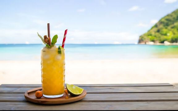 Exotic drinks on wooden table in tropical beach