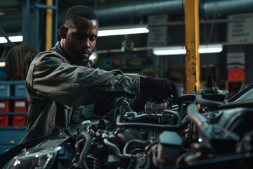 Mechanic working on car engine in auto repair shop