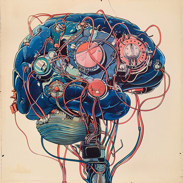 Create a retro futuristic artwork depicting a cluster of experimental robotic brains from the 1960s showcasing their intricate circuitry and vividly colored wires