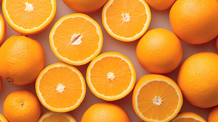 A vibrant collection of fresh oranges, halved and whole - obrazy, fototapety, plakaty