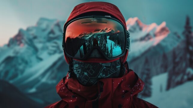 Snowy mountain reflection on ski mask goggles, close-up image