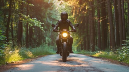 A guy riding a motorcycle on a road in a forest, green trees in the background