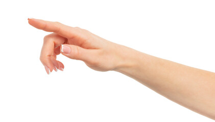 Female finger pointing or touching something. Isolated on white background