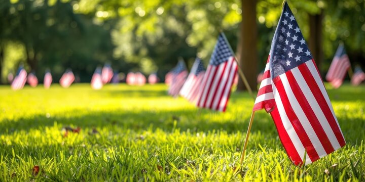 many american flag on green field background copy space 