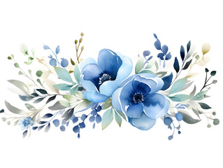 Fototapeta na wymiar Watercolor illustration of pastel blue flowers on white background 
