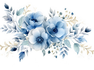 Watercolor illustration of pastel blue flowers on white background 