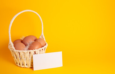 Easter holiday card with eggs in straw basket on yellow background with price list or business...