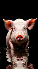 Pig is seen in pool of water with its mouth open.