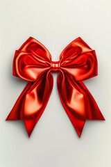Large shiny red bow in front of white background.