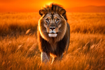 Lion walks through field of tall grass with sunset in the background. - obrazy, fototapety, plakaty