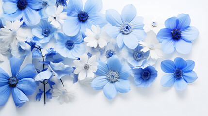 A close-up of a bunch of blue flowers on a white surface.
