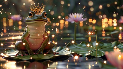 A frog wearing a crown, seated on a lily pad throne within a magical pond setting. Fairy tale illustration.  - obrazy, fototapety, plakaty