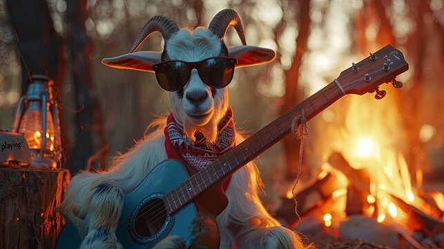 A goat wearing a bandana and sunglasses, "playing" a guitar next to a campfire. Fairy tale illustration. 