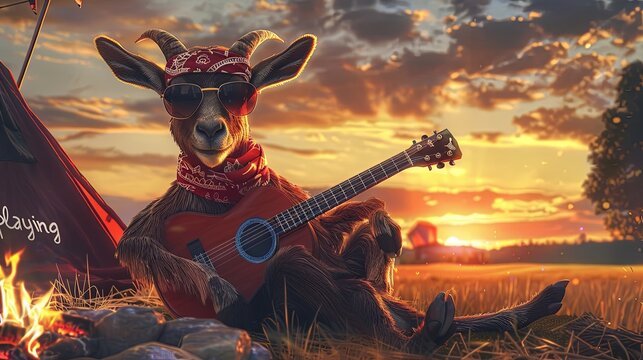 A goat wearing a bandana and sunglasses, "playing" a guitar next to a campfire. Fairy tale illustration. 