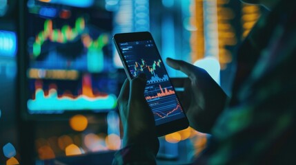 Trader looking to charts on mobile phone, trading chart on the computer screen, cryptocurrency or stock exchange market analysis - obrazy, fototapety, plakaty