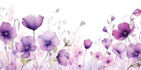 Watercolor purple wild flowers, abstract floral background 