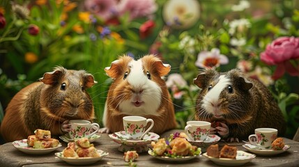 A trio of guinea pigs having a tea party, complete with tiny teacups and a miniature table set with treats. Fairy tale illustration.  - obrazy, fototapety, plakaty