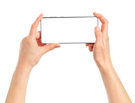 Female hands holding cellphone with empty screen isolated on white background
