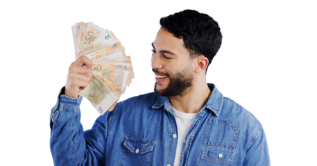 Money fan, smile or man with financial reward, bingo or poker competition giveaway on isolated, transparent or png background. Cash, success or person happy for cashback, savings or investment growth