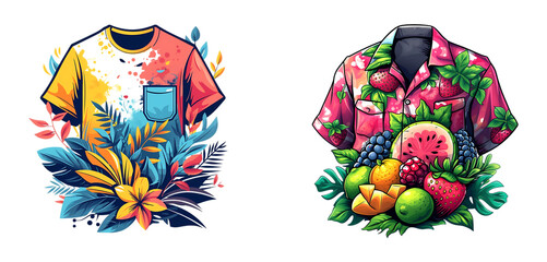 Tropical summer fashion set. Male shirt with tropic leaves and fruits. Vector illustration isolated on transparent png - obrazy, fototapety, plakaty