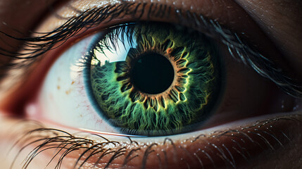 A close-up of a person's eye with a green iris.